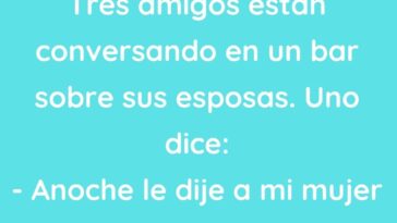 Tres amigos están conversando en un bar sobre sus esposas