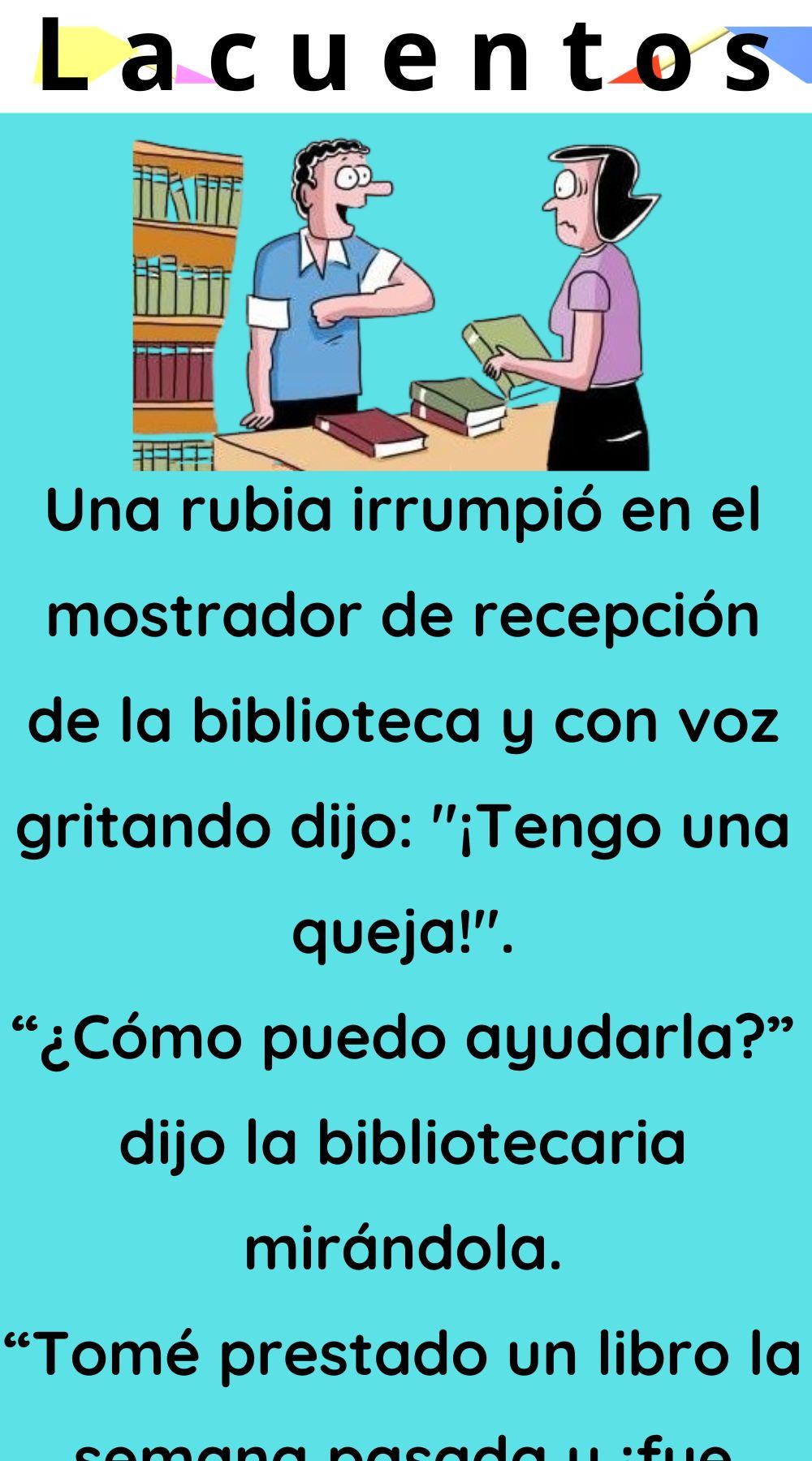 Una rubia en el mostrador de recepcion de la biblioteca
